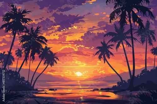 Vibrant Summer Sunset Beach Illustration