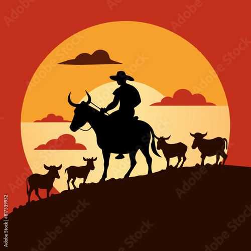 A vector silhouette of a working ranch cowboy on horse herding texas longhorn cows down a hill