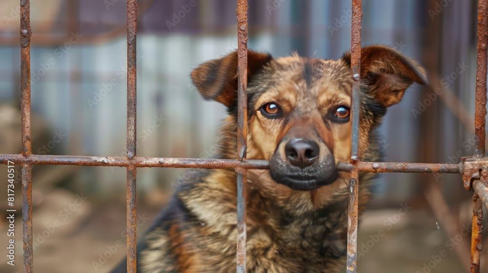 Stray homeless dog in animal shelter cage. Sad abandoned hungry dog ...