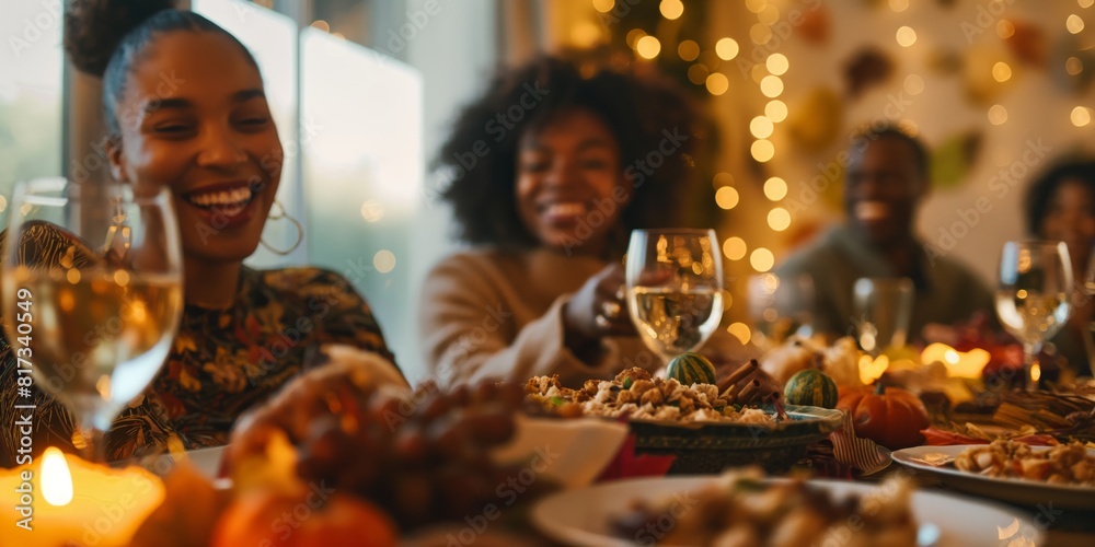 Group of friends gathered around a dinner table with festive decorations and a joyful atmosphere Group of friends gathered around a dinner table with festive decorations and a joyful atmosphere