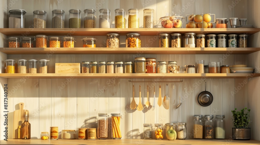 a modern kitchen with an orderly pantry filled with canned goods and dry ingredients, promoting a concept of healthy eating with a minimalist design