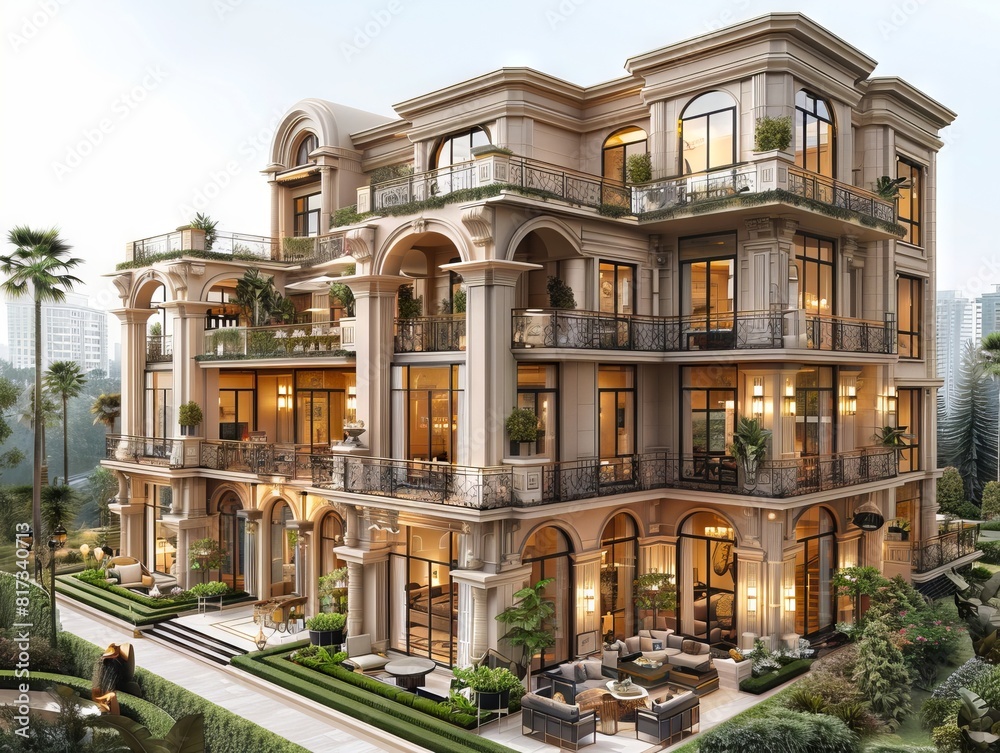 Naklejka premium A beautiful mansion with balconies and palm trees.