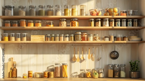 a modern kitchen with an orderly pantry filled with canned goods and dry ingredients, promoting a concept of healthy eating with a minimalist design