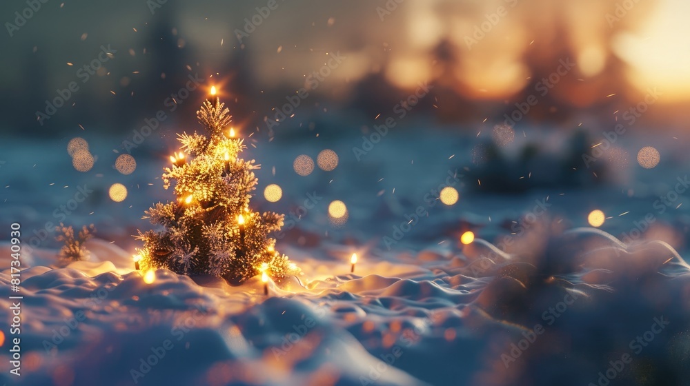 Fototapeta premium A 3D depiction of a small Christmas tree adorned with festive lights glowing under a blanket of crisp white snow during the wintertime holiday season