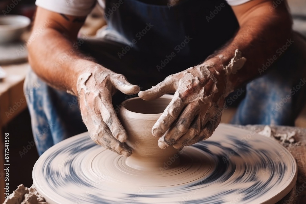 close up male hands make a pot of clay in a pottery workshop close up male hands make a pot of clay in a pottery workshop
