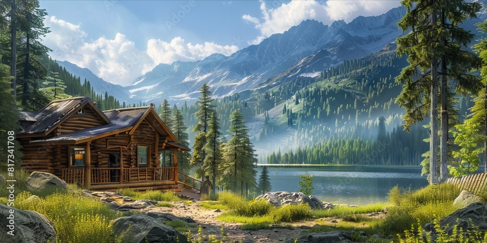 Fototapeta premium A cabin in the mountains with a lake in front.