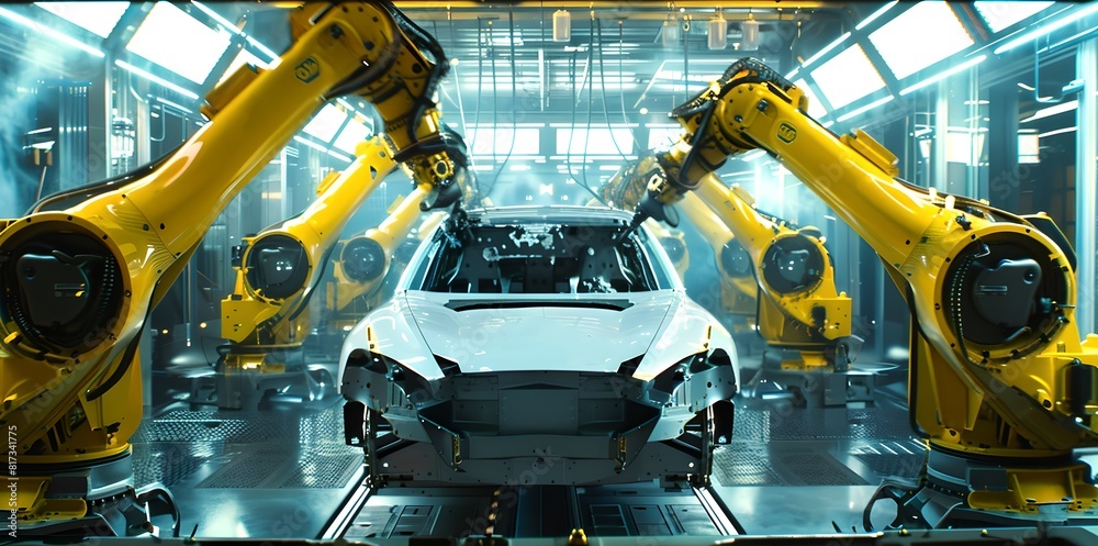Automated robotics arms assembling a car in a high-tech manufacturing ...