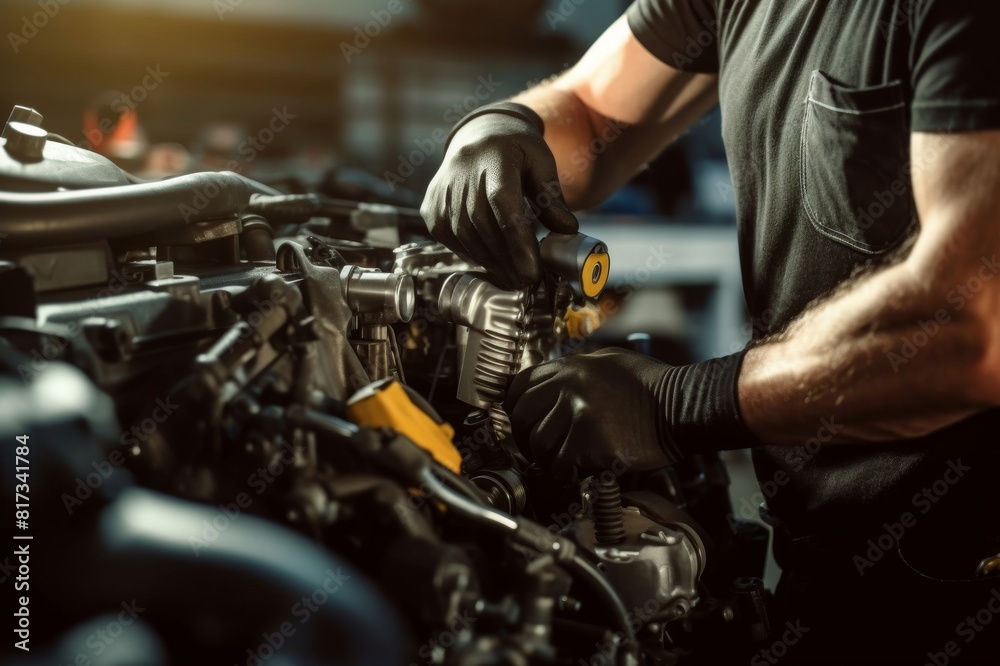 Close up of a mechanic examining car pump in a workshop. Close up of unrecognizable car mechanic working on a car pump at workshop Close up of a mechanic examining car pump in a workshop. Close up of unrecognizable car mechanic working on a car pump at workshop