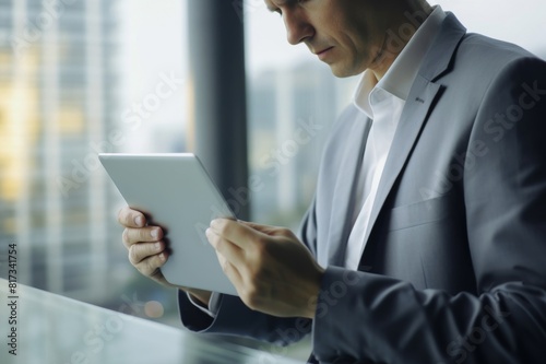 Close up of a businessman using digital tablet. Close up of an entrepreneur reading an e-mail on a touchpad in the office