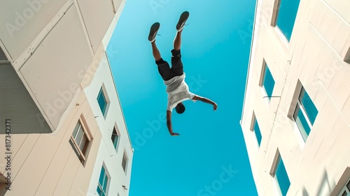 Urban Explorer Performs Daring Leap Between Buildings. Action-filled Extreme Parkour Moment. Captured in Mid-Jump with Vivid Skies. AI photo