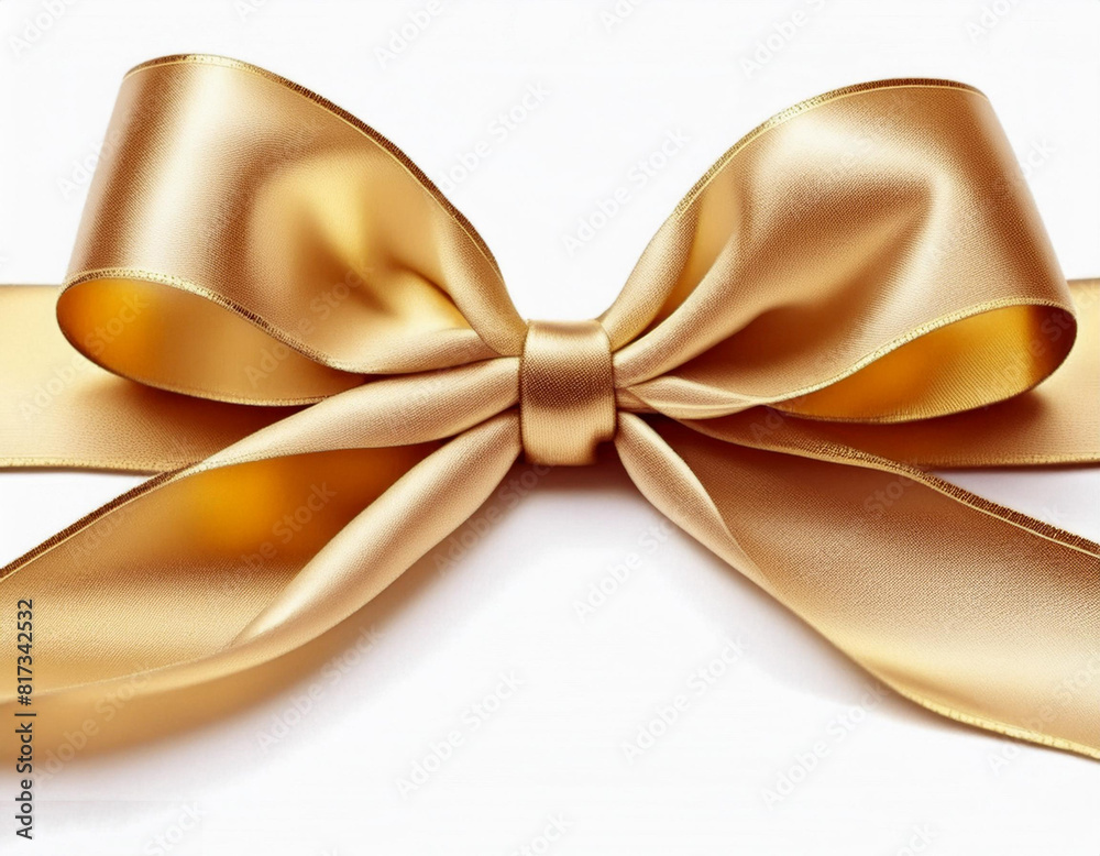 Golden ribbon and bow on white background; decoration for gift, generative ai Golden ribbon and bow on white background; decoration for gift, generative ai