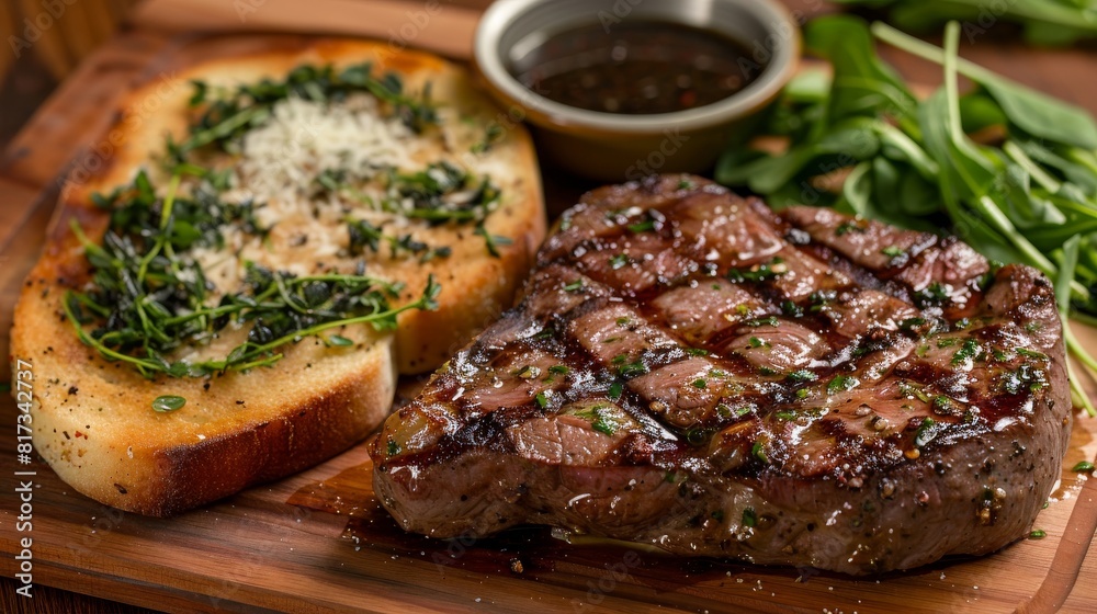 Grilled steak with rosemary and garlic on a wooden board