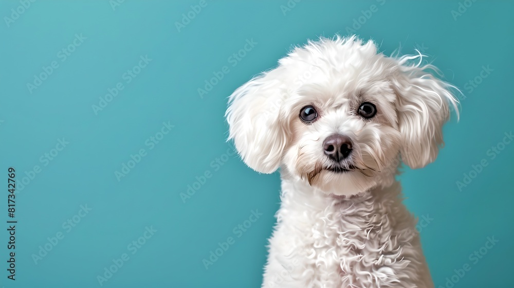 Cute White Fluffy Dog Posing Against a Soft Blue Background. Perfect Pet Portrait for Happy Vibes. Friendly Pup Gazing, Ideal for Dog Lovers. AI Cute White Fluffy Dog Posing Against a Soft Blue Background. Perfect Pet Portrait for Happy Vibes. Friendly Pup Gazing, Ideal for Dog Lovers. AI