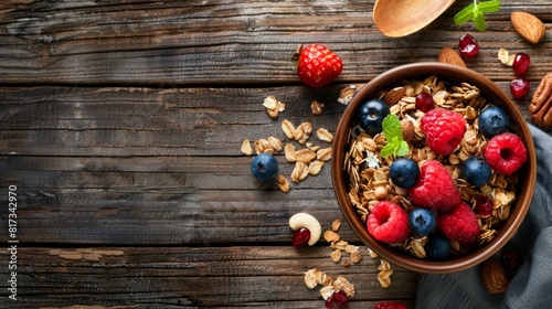 a healthy breakfast concept with granola, berries, and nuts in a bowl on a wooden table, with space for text