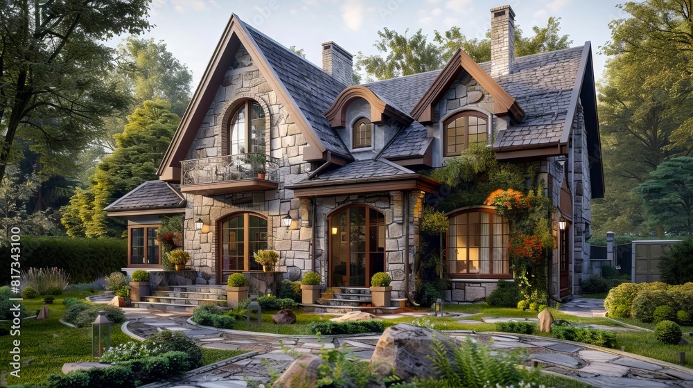 A beautiful stone house in the middle of a garden. A beautiful stone house in the middle of a garden.