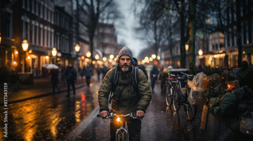 Obraz premium Cyclist Navigating Through a Rainy Amsterdam Street at Dusk with Illuminated Streetlights