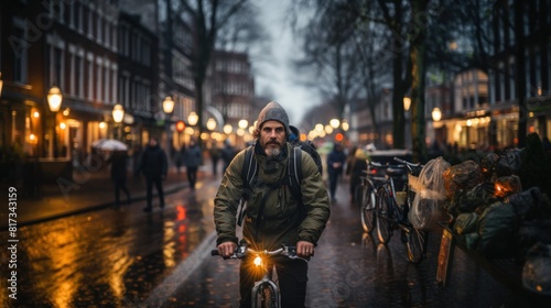 Wallpaper Mural Cyclist Navigating Through a Rainy Amsterdam Street at Dusk with Illuminated Streetlights Torontodigital.ca