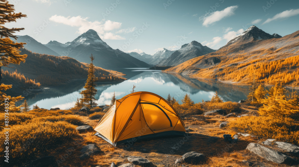 Scenic Camping Spot with Yellow Tent Overlooking Serene Mountain Lake in Autumn