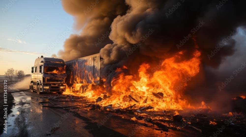 Dramatic Collision Between a Car and a Truck Engulfed in Flames and Thick Smoke Dramatic Collision Between a Car and a Truck Engulfed in Flames and Thick Smoke