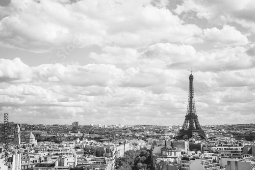 Black and White Cityscape View of Paris, France from the Arc de Triomphe on a Sunny Day with Beautiful Clouds
