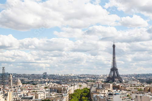 City View of Paris, France from the Arc de Triomphe on a Sunny Day with Beautiful Clouds