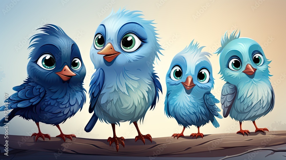 Fototapeta premium Cute Cartoon Blue Birds On A Branch - Vector Illustration For Kids And Animal Themes