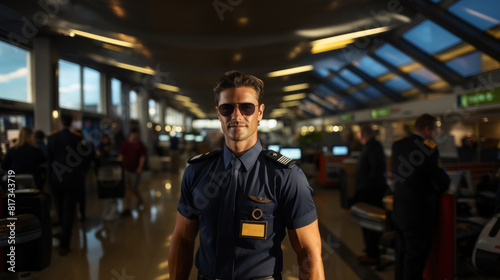 Confident Male Pilot Standing in Airport Terminal with Sunglasses and Uniform