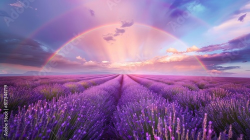 Lavender field with a rainbow and sunset for romantic or nature themed designs