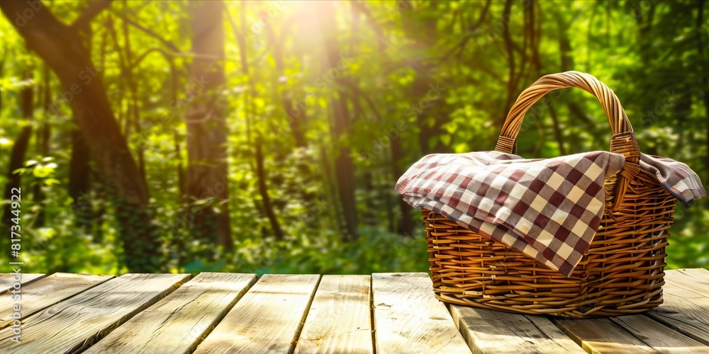 Picnic basket on wooden table in the forest. Picnic basket on wooden table in the forest.
