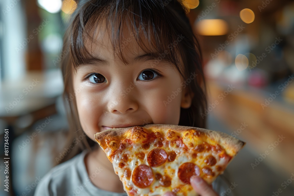 Little Asian girl eating pizza in a cafe, close-up. Little Asian girl eating pizza in a cafe, close-up.