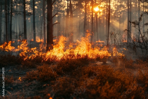 A forest fire is burning in the woods