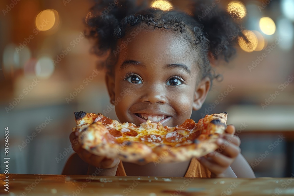 Little black girl eating pizza in a cafe. Close-up. Little black girl eating pizza in a cafe. Close-up.