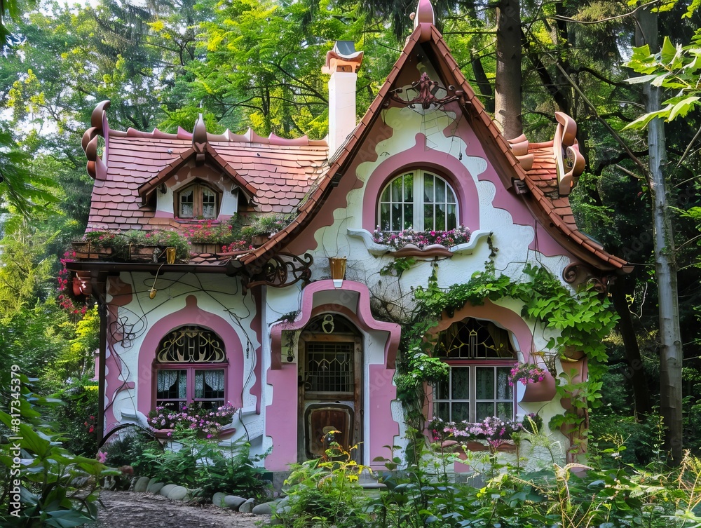 A pink and white fairy house in the woods. A pink and white fairy house in the woods.