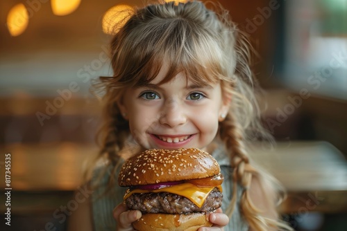 Portrait of a blonde little girl with a hamburger in a cafe.