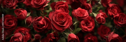 A close-up of rich red roses against a dark backdrop conveys passion and romance