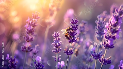 Honeybee on Lavender Flowers Bathed in Golden Light. Nature s Beauty Captured. Perfect for Calm and Serene Themes. AI