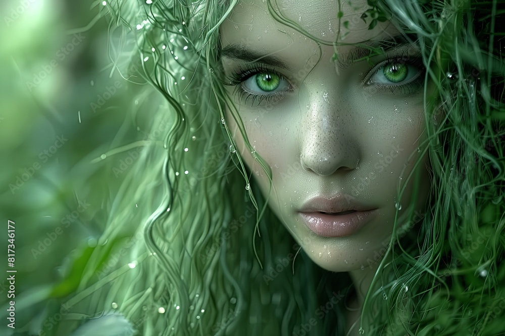 Enchanting Water Faerie: Green-Haired Beauty in Lush Forest Landscape Enchanting Water Faerie: Green-Haired Beauty in Lush Forest Landscape