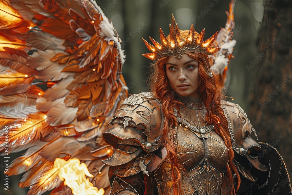 Fiery Winged Warrior: Brawny Angel in Flaming Armor, Sword, and Shield Fiery Winged Warrior: Brawny Angel in Flaming Armor, Sword, and Shield