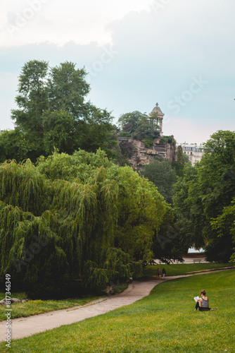 View of the hills of the Parc des Buttes Chaumont in Paris, France 