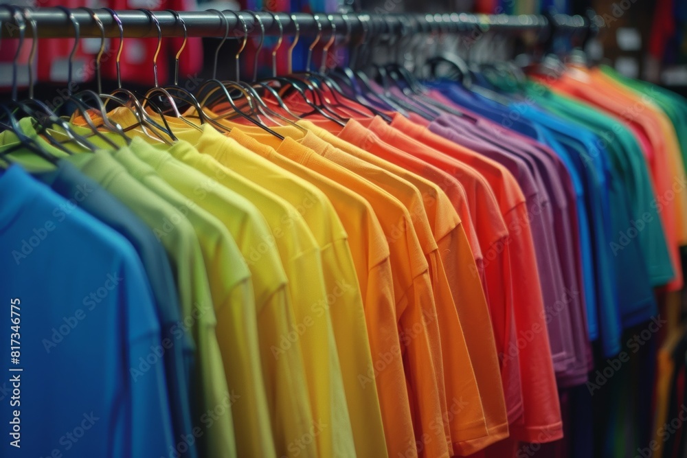 A rack of colorful shirts hanging on a clothesline A rack of colorful shirts hanging on a clothesline