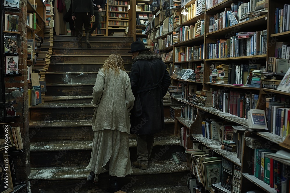 Naklejka premium Comedian and Woman on Stairs: Whimsical Encounter in the Bookstore