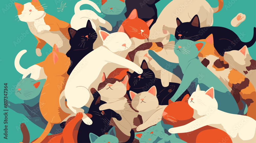 flat illustration of A lively crowd of cats, some sleeping and others ...