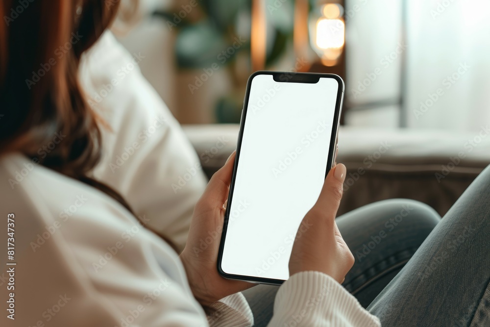 A woman is holding a cell phone with a white screen A woman is holding a cell phone with a white screen