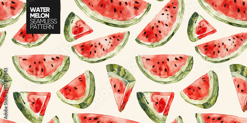 Seamless watercolor pattern featuring vibrant watermelon slices, perfect for summer-themed backgrounds, prints, and stock catalogues. Ideal for fresh and fruity designs