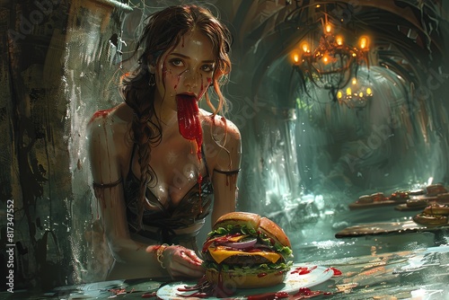 Detailed Full Body Concept Art: Woman Devouring Hamburgers with Extra Ketchup and Toppings in Unique Atmospheric Setting
