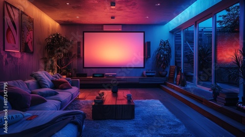 sparsely furnished living room with soft lighting and large projector screen, creating a home theatre ambiance photo