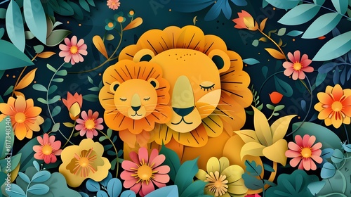 Adorable paper-cut style illustration showcasing a lovable lion family surrounded by flowers.Family day and mothers day card concept. 