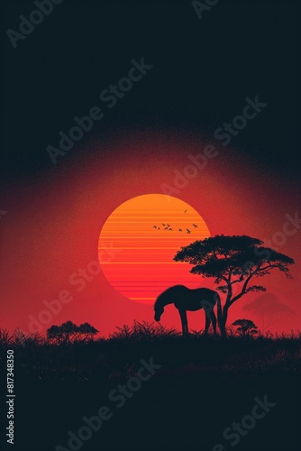Sunset Red Sunrise Horizon Animal Tree Scenic Landscape Minimalist Wallpaper  Nature Art Background  Illustrated Travel Tourism Backdrop