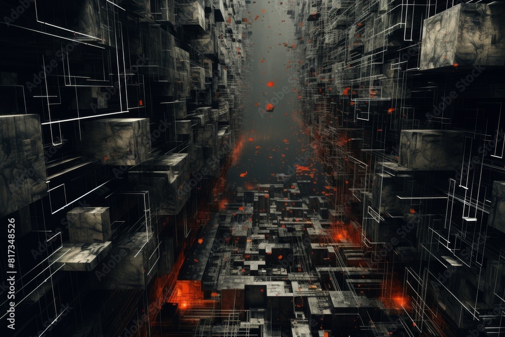 The image shows a dark and mysterious corridor with red lights glowing in the distance. The image shows a dark and mysterious corridor with red lights glowing in the distance.