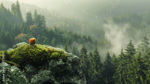 Peach on a mountain cliff with a foggy forest background photo